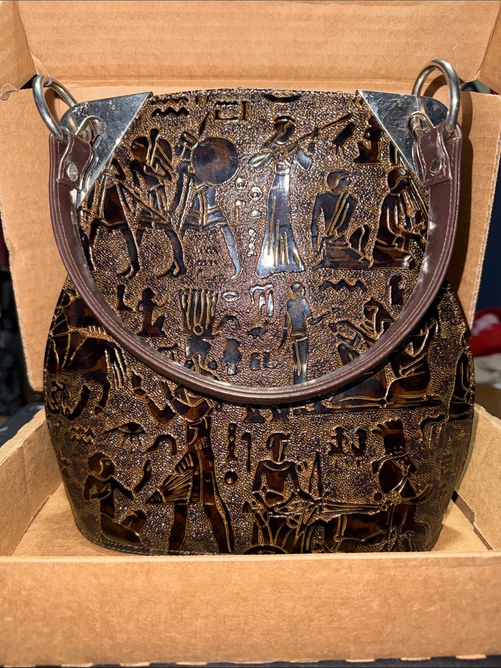 Vintage-Inspired Brown Embossed Tote Bag